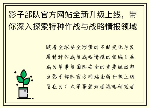 影子部队官方网站全新升级上线，带你深入探索特种作战与战略情报领域